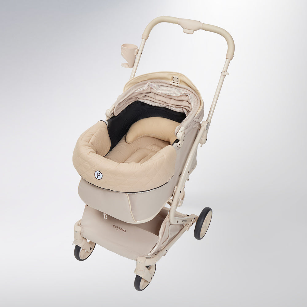 あごのせクッション付きPETTENA milouペットカート（クリームベージュ）と「ダイヤ柄」セット。上品なベージュのキルティング素材が高級感を演出。冬も暖かく、愛犬がゆったりとあごを乗せてくつろげる、シンプルで快適なデザイン。