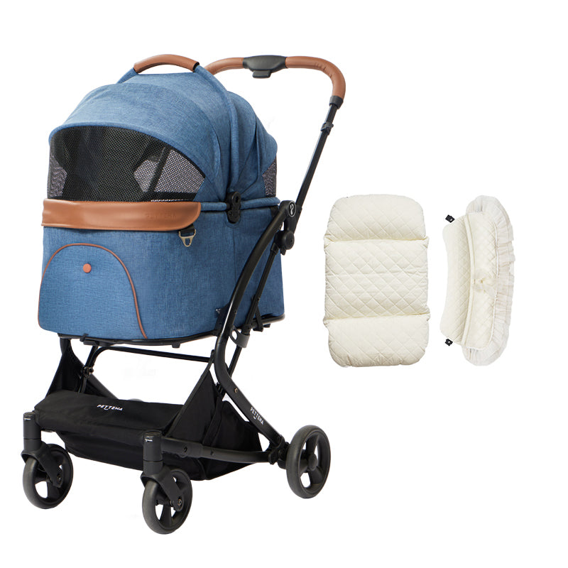 PETTENA milouペットカート（ネイビー）本体と「プリンセス風」クッション2点の全体図。上品な白のキルティング素材を使用したあごのせとマットで、ペットを包み込む最上級の居心地を提供。