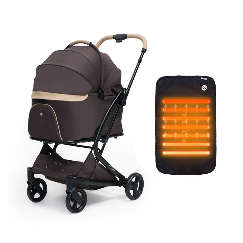 PETTENA milouペットカート（ココアモカ）とホットカーペットのセット。落ち着いた大人なモカ色。じんわり温かいヒーターで、シニア犬や寒さが苦手な子にも安心の極上の快適空間。