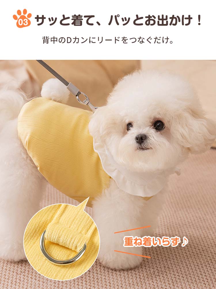 イエローのベストを着た愛犬のお腹周りのクローズアップ画像。前身頃の裾がなめらかなカーブを描いて短くカットされており、体にフィットしつつも下半身を覆わない工夫がされています。