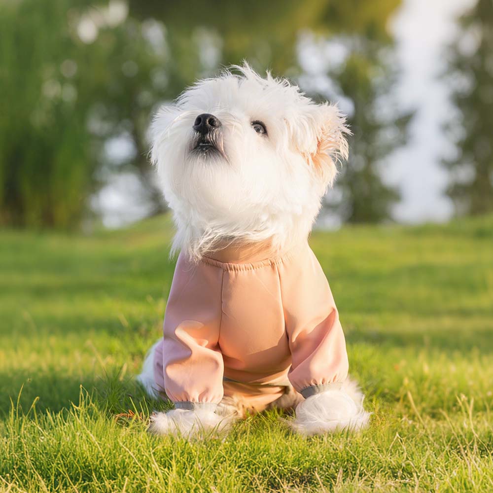 手足までしっかり覆うフルカバータイプの犬用レインコート兼用防寒着。袖口の絞りが泥跳ねを防止し、伸縮性のある素材がアクティブに動く愛犬の全身を寒さからガードする。