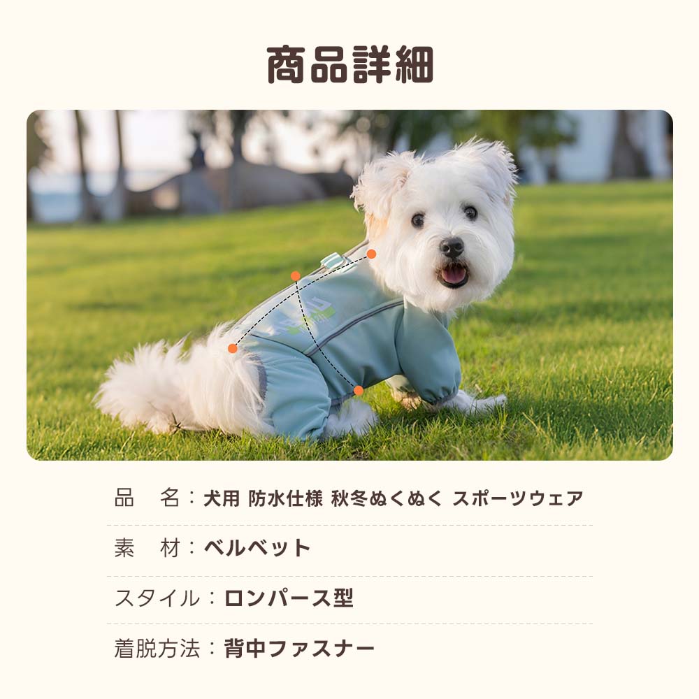 防水防風機能を備えた秋冬用犬服スポーツウェアを着用したモデル犬。Sサイズから2XLサイズまで対応し、寒い日の散歩でも体温を逃がさない保温性と動きやすさを両立。