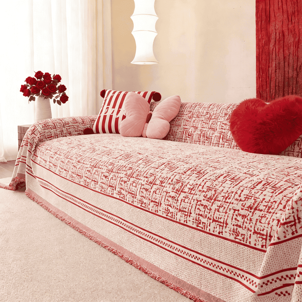  PETTENA Selectのレッドモデル。温かみのあるシェニール織の質感と華やかな色合いで、愛犬との暮らしを明るく彩るインテリア。