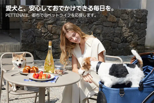 ぺテナのペットカートで犬を乗せてカフェを楽しむ様子