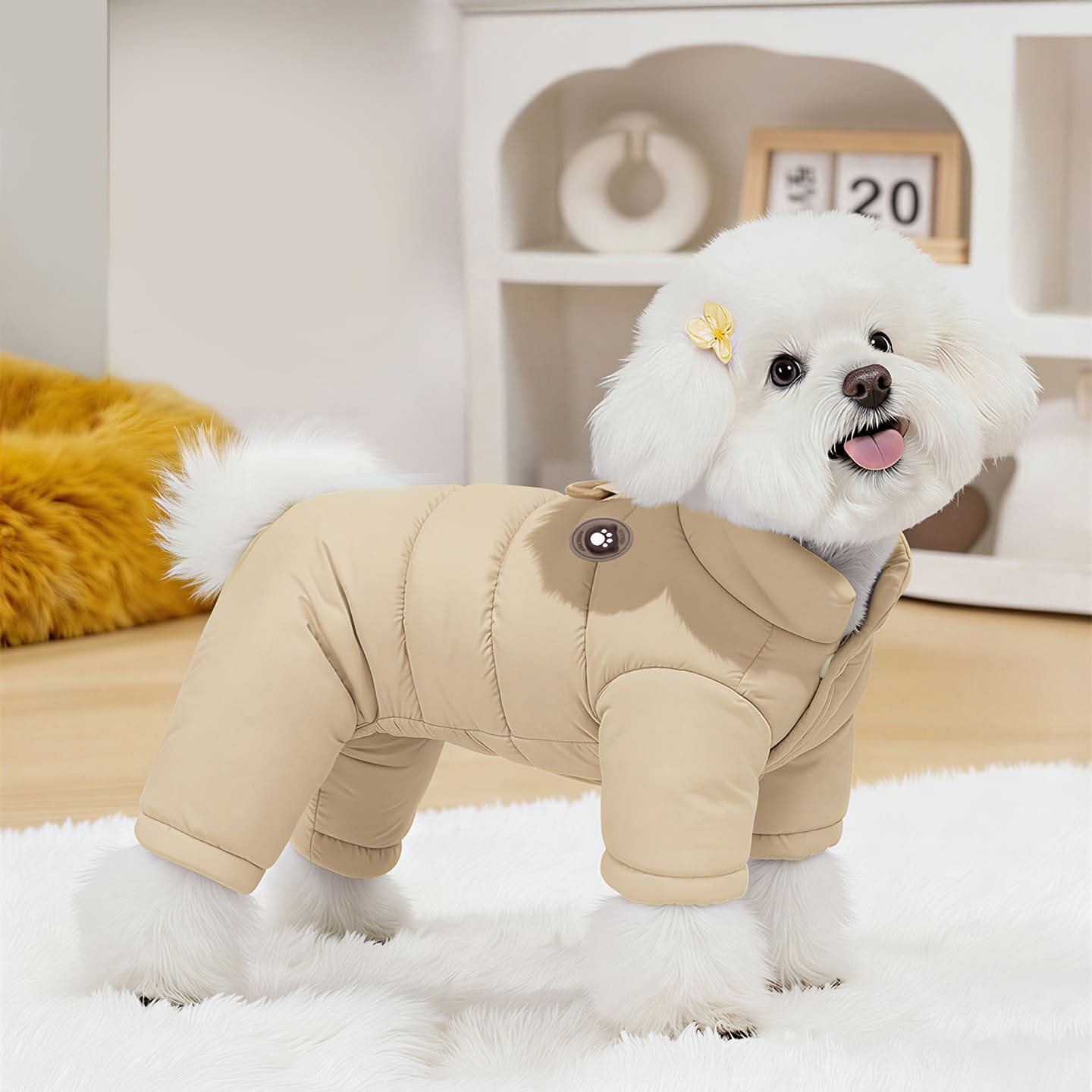 汚れが目立ちにくいコーヒー色の犬用防寒着。お腹や足元までしっかりカバーするデザインで、枯れ葉の多い公園や土の上を歩く際も、愛犬の体を寒さと汚れから守ります。
