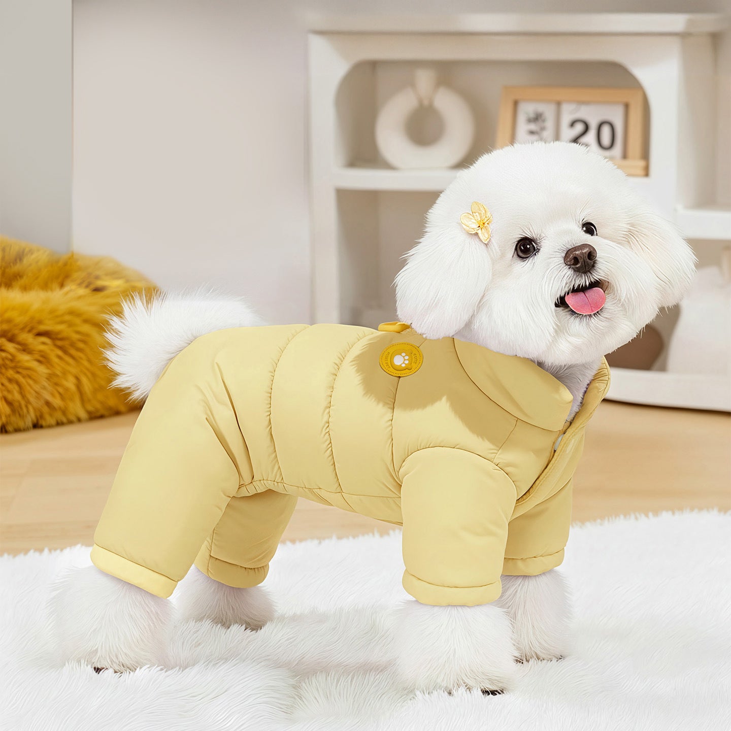 元気いっぱいな印象を与えるイエローの犬用中綿入りロンパース。冷たい風を防ぐハイネック仕様と足元までのフルカバー設計で、寒さが苦手な愛犬も温かく過ごせる冬の必需品。