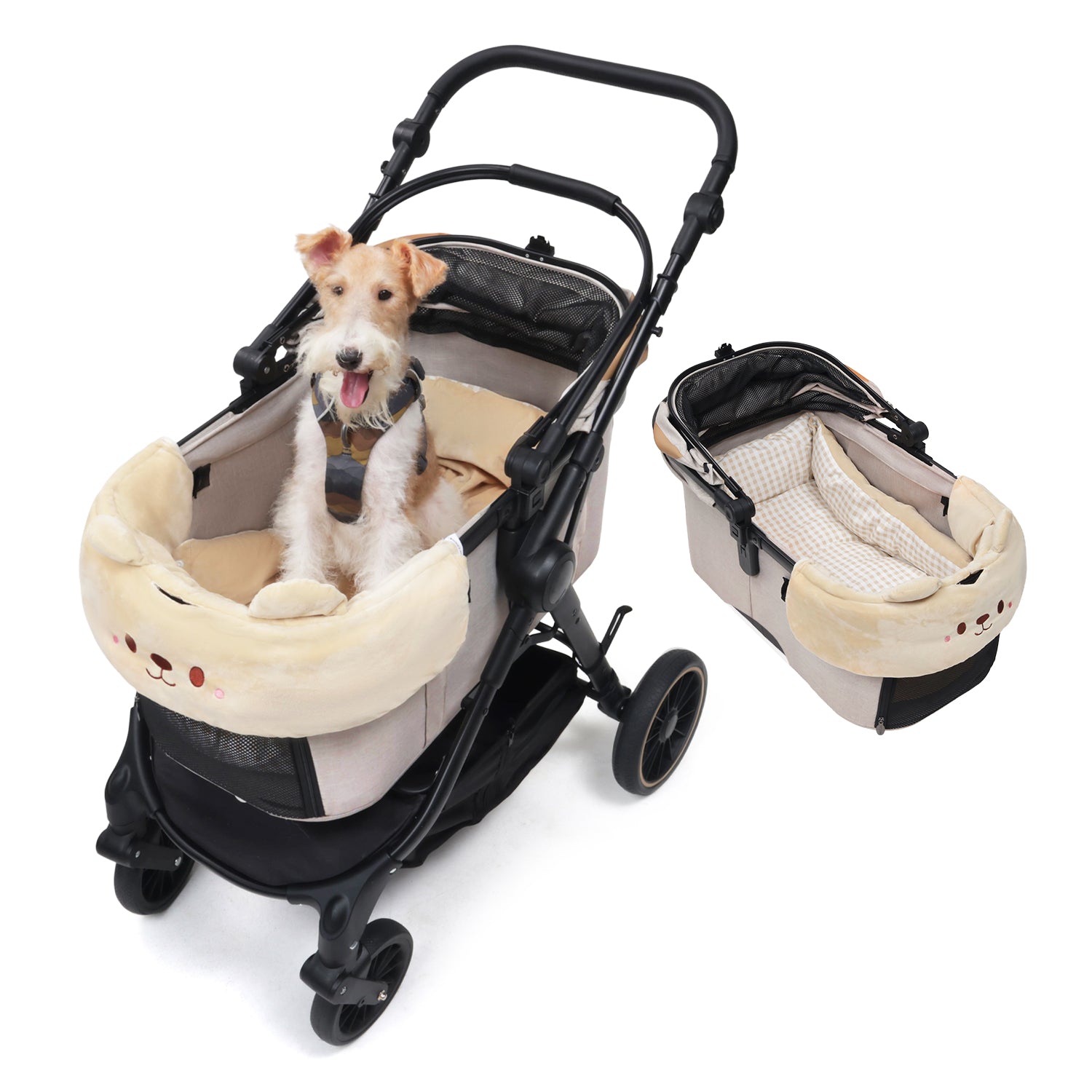 PETTENA ペットカート terra ベージュ。愛犬が「かわいいクマクッション」に顎を乗せてリラックスしている全体図。ふかふかの専用クッションとチェック柄のマットが、移動中の振動を和らげ、抜群の快適さを提供します。横には分離型コットの内側も表示。