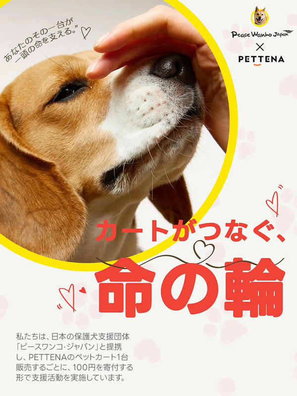 カートがつなぐ、 命の輪
私たちは、日本の保護犬支援団体「ピースワンコ·ジャパン」と提携し、PETTENAのペットカート1台販売するごとに、100円を寄付する形で支援活動を実施しています。