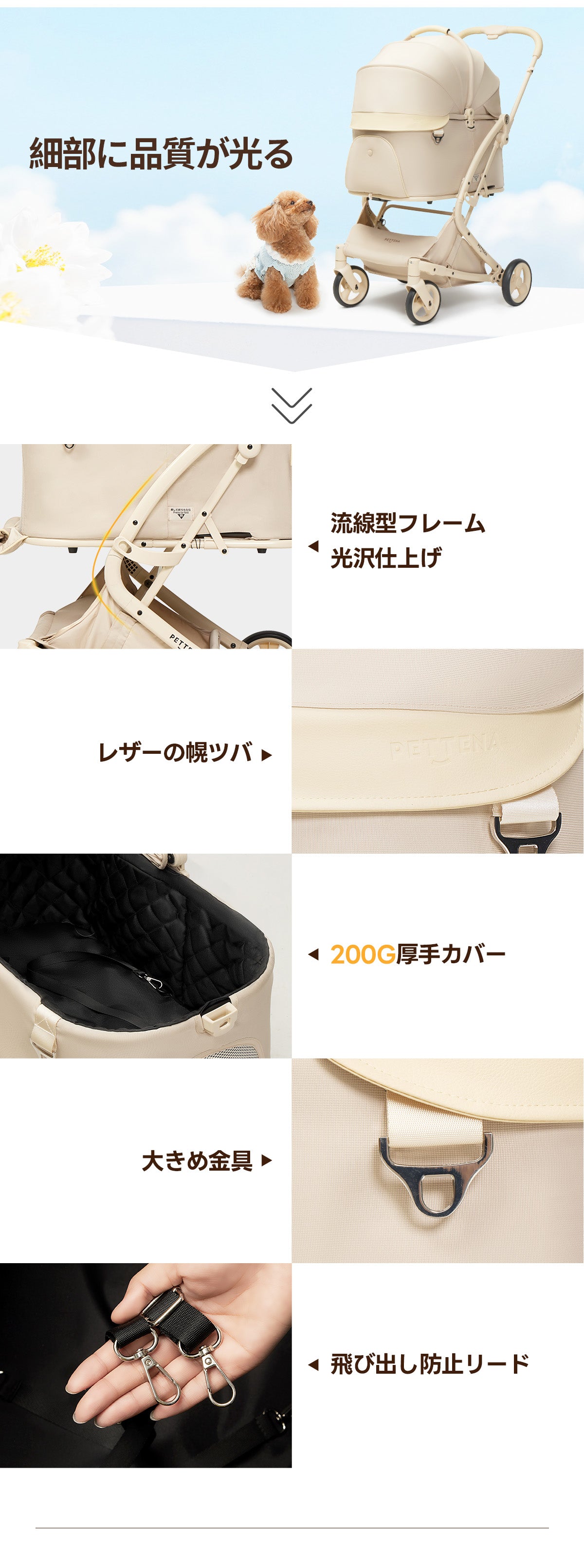 細部に品質が光る 流線型フレーム光沢仕上げ レザーの幌ツバ 200G厚手カバー 大きめ金具 飛び出し防止リード 