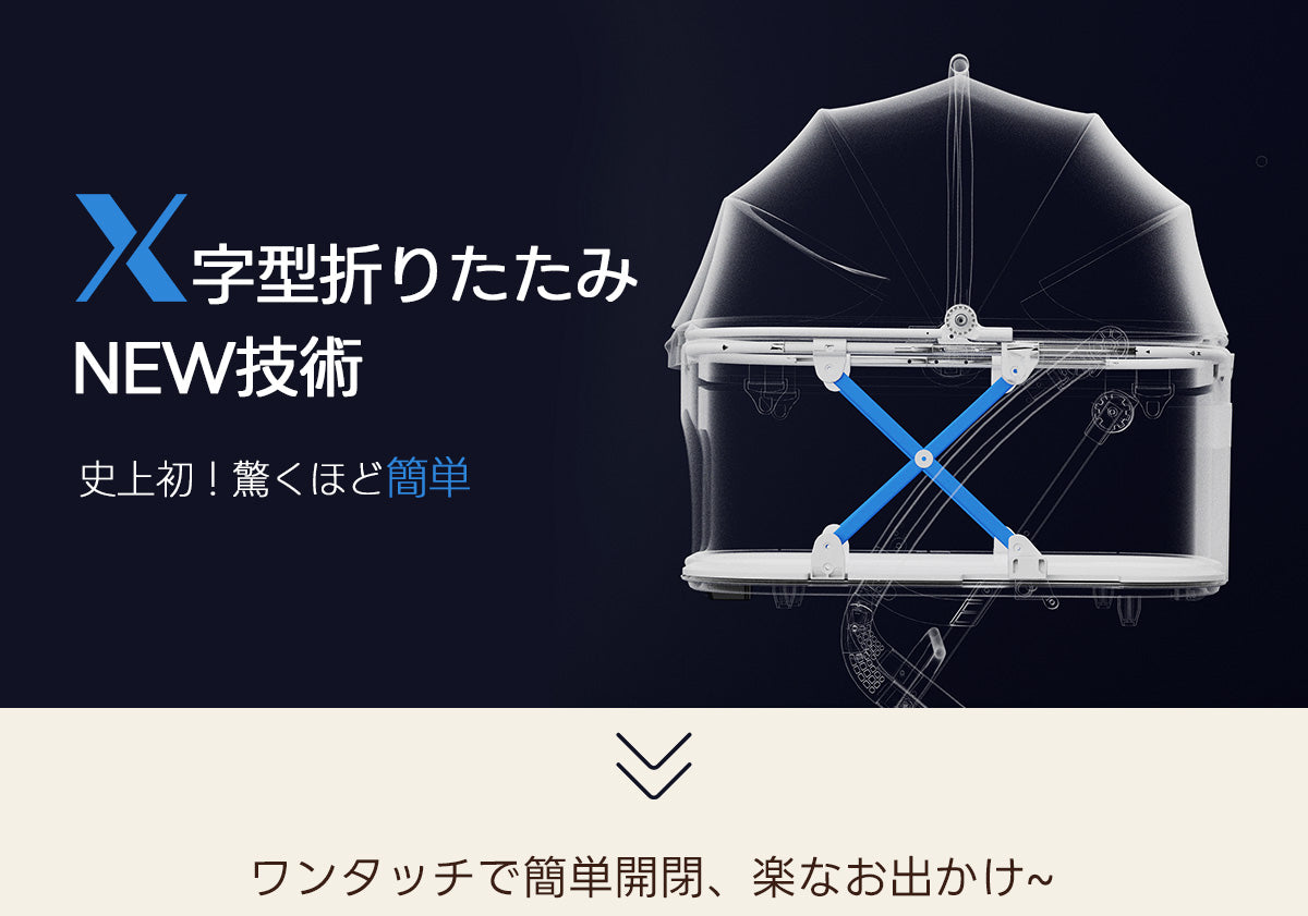 X字型折りたたみNEW技術 史上初！驚くほど簡単 ワンタッチで簡単開閉、楽なお出かけ