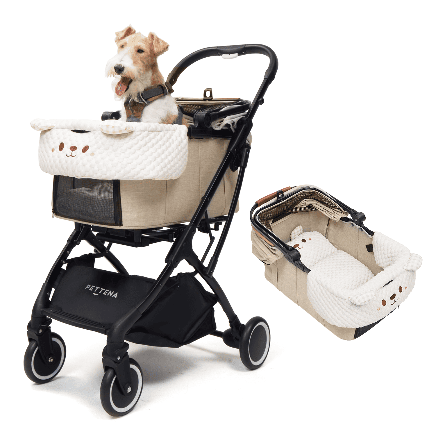 とPETTENA knight。コット部分は取り外し可能で、デザインの可愛さと機能性を両立。おしゃれなチェック柄が特徴的な使用イメージ。