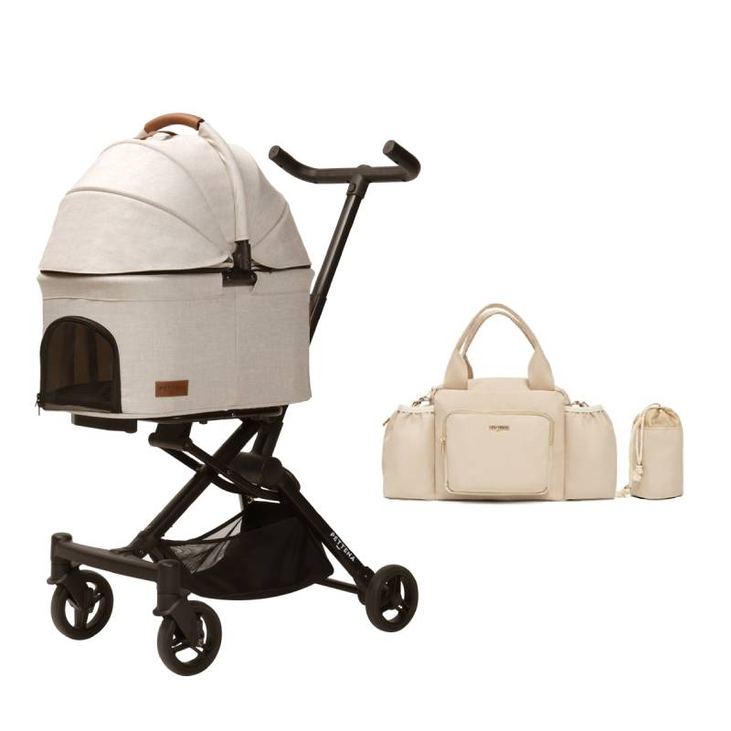  PETTENAのペットカート「PETITE」ベージュに、同色の撥水バッグを装着した背面写真。左側にバッグ単体とポーチを配置した、製品構成を説明する白背景画像。