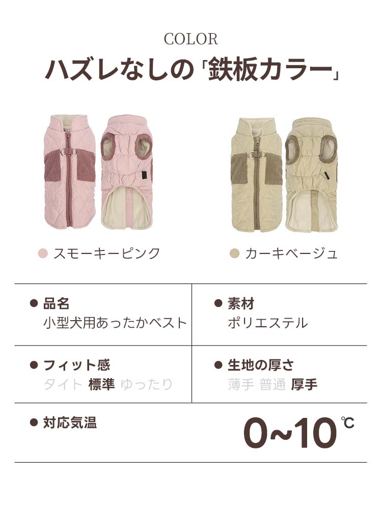 PETTENAペット服のカラーバリエーションと製品スペック表。スモーキーピンクとカーキベージュの2色があり、0〜10度の寒冷期に対応する厚手のポリエステル素材を使用しています。フィット感や生地の厚さなどの詳細情報が整理されており、冬の防寒対策に最適な一着を数値で確認できる画像です。