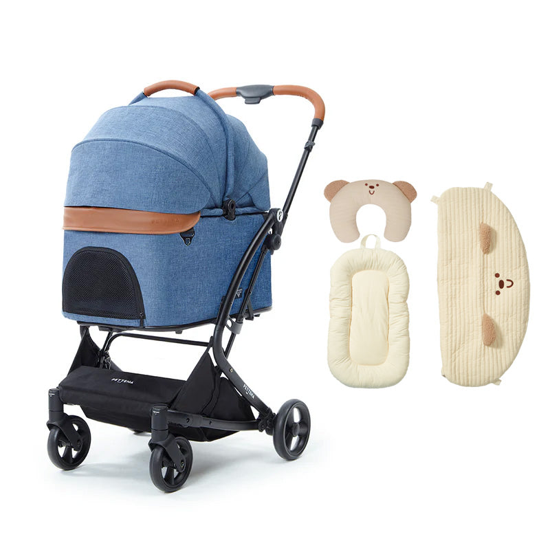 あごのせ付きPETTENA milou small saizペットカート（ネイビー）と「ベージュベア3点セット」。厚みのあるクッションが移動中の振動を和らげ、愛犬が安心してぐっすり眠れる極上の快適仕様。